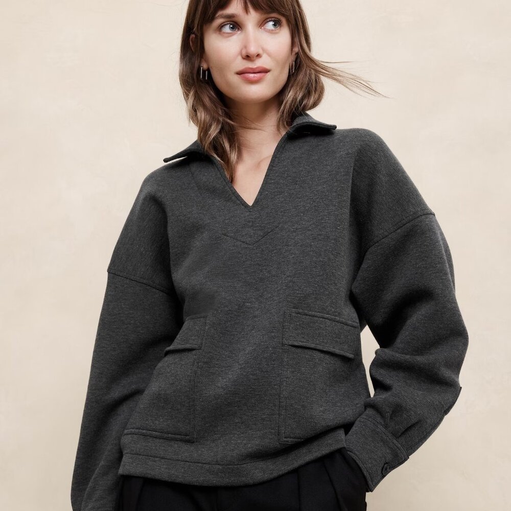 BANANA REPUBLIC FACTORY Scuba Patch Pocket Sweatshirt XS Charcoal Oversized NEW